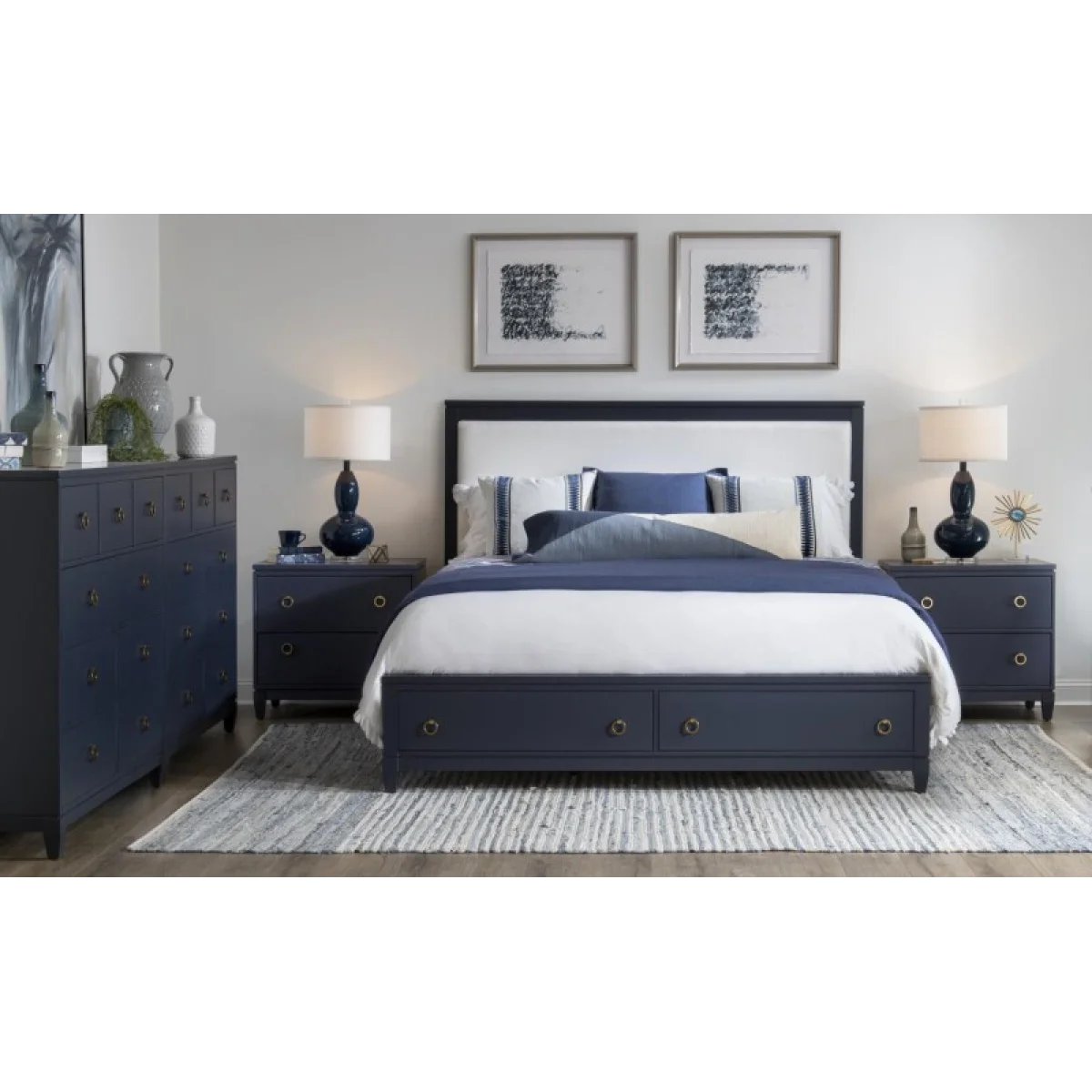 Complete Upholstered Bed W Storage Queen 5/0 Blue Finish Beds Beds 8