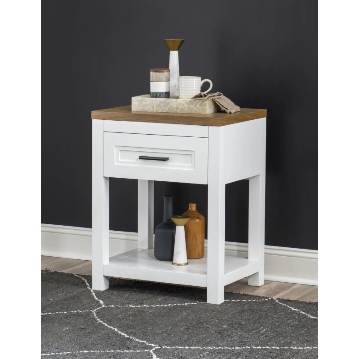 Open Nightstand Nightstands Harvest Oak Tops, Natural White Base, Aged Black Accents 6