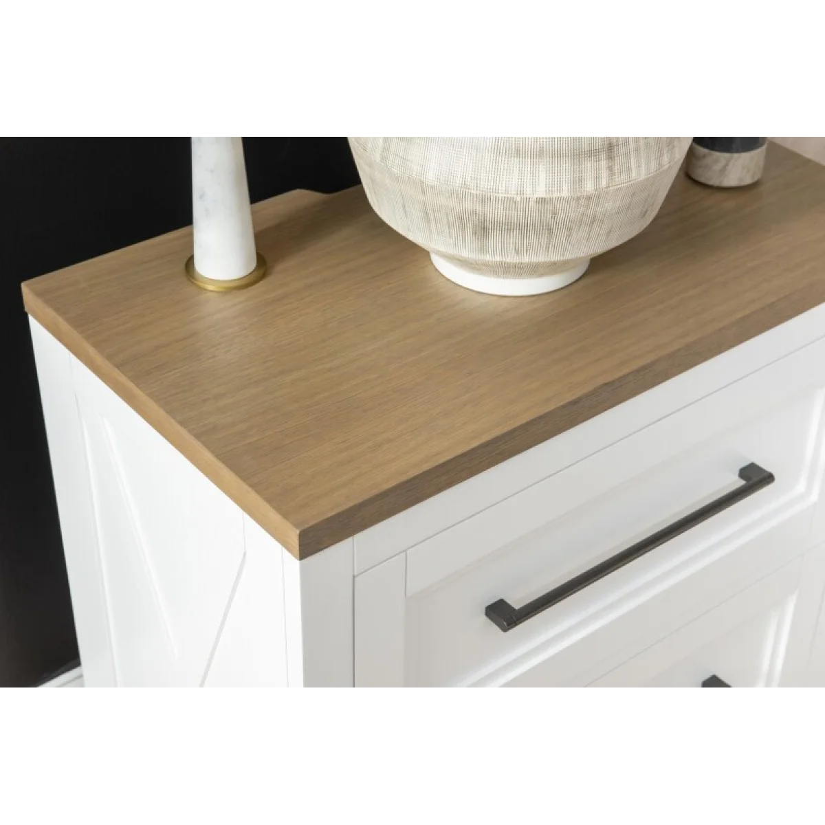 Open Nightstand Nightstands Harvest Oak Tops, Natural White Base, Aged Black Accents 8