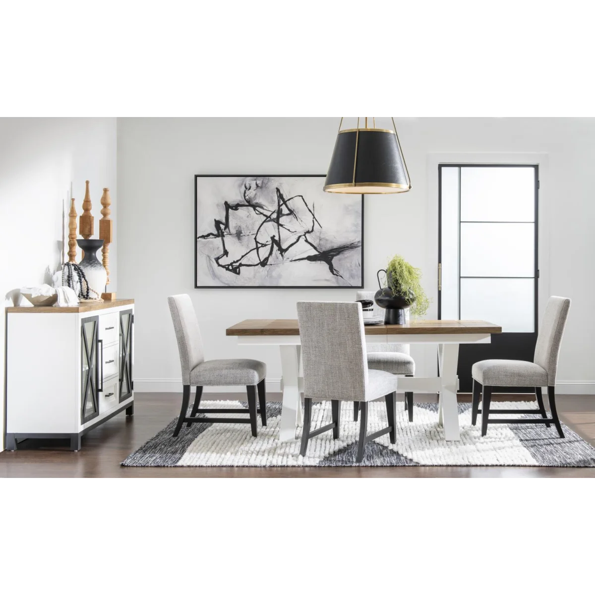 Complete Trestle Dining Table Dining Sets Dark Oak Tops, Natural White Base, Aged Black Accents 10