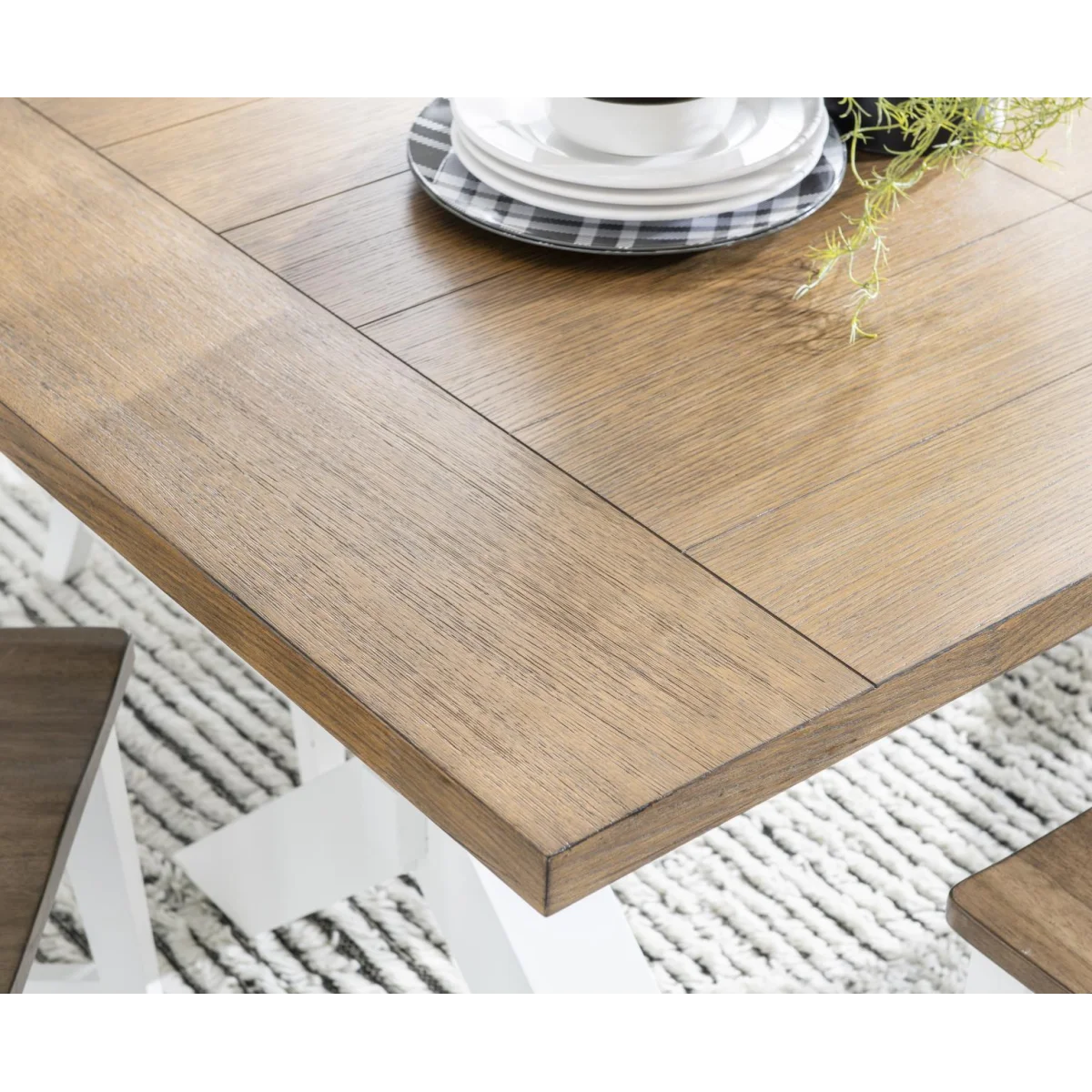 Complete Trestle Dining Table Dining Sets Dark Oak Tops, Natural White Base, Aged Black Accents 12