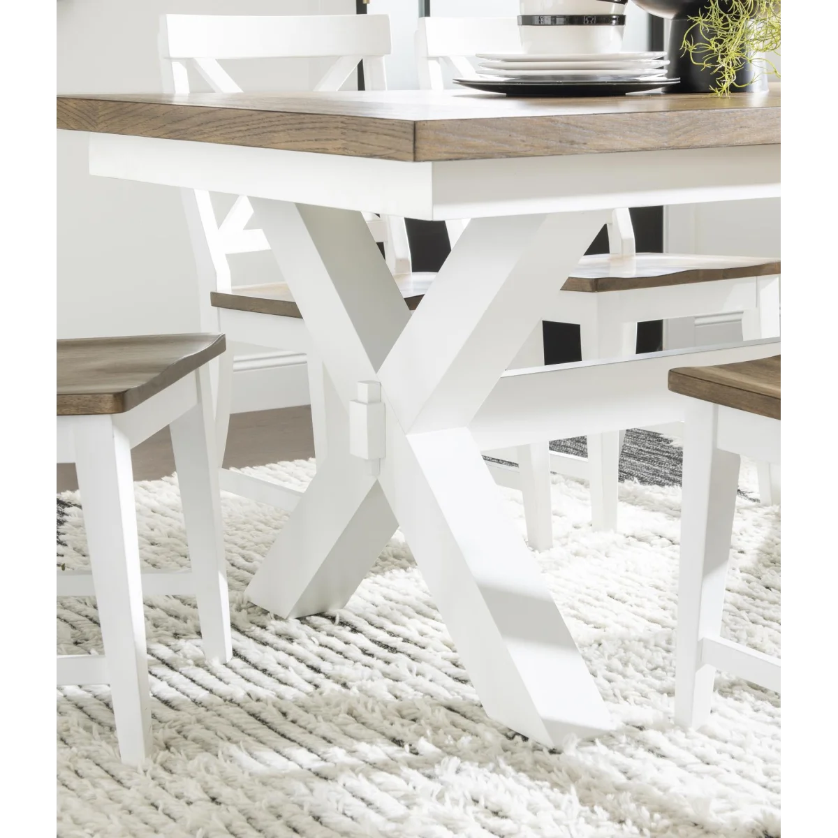 Complete Trestle Dining Table Dining Sets Dark Oak Tops, Natural White Base, Aged Black Accents 13