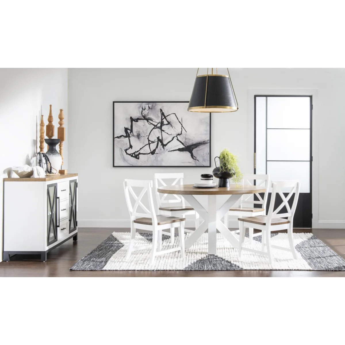 Complete Round Dining Table Dining Tables Dark Oak Tops, Natural White Base, Aged Black Accents 8