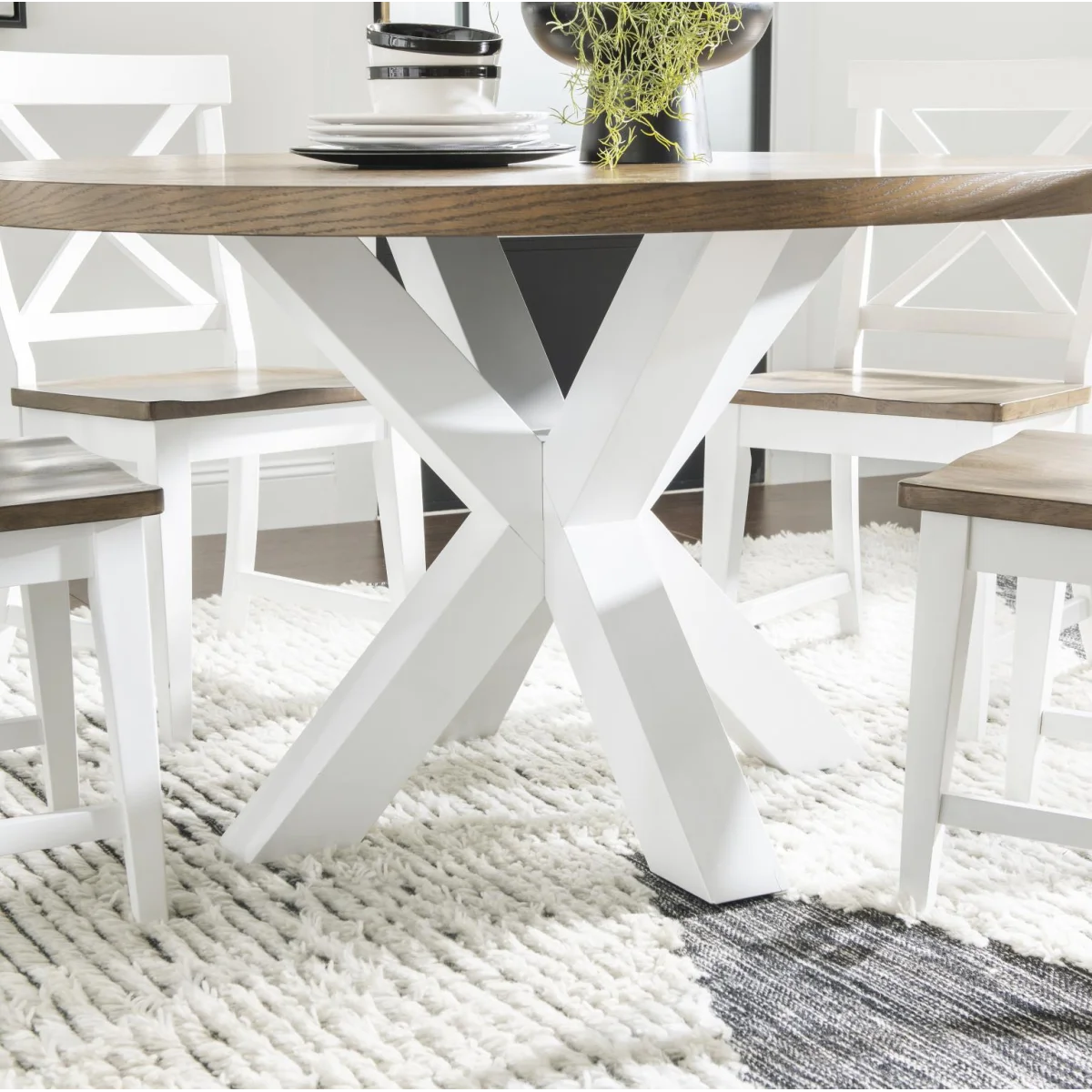 Complete Round Dining Table Dining Tables Dark Oak Tops, Natural White Base, Aged Black Accents 10