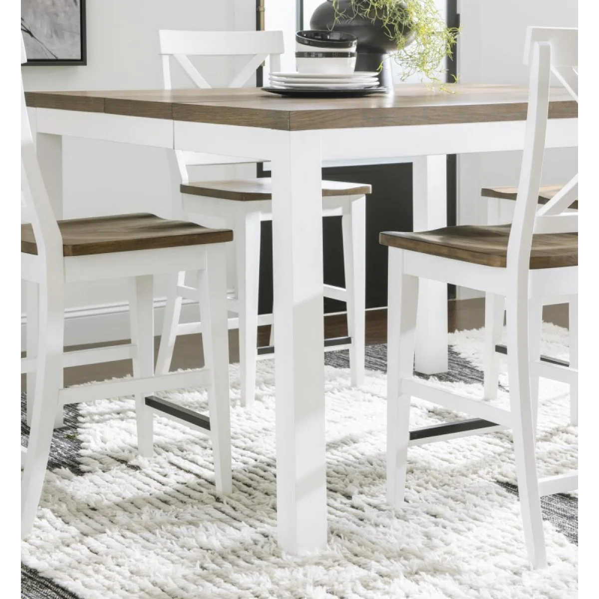 Counter Table W Butterfly Leaf Dining Tables Dark Oak Tops, Natural White Base, Aged Black Accents 13