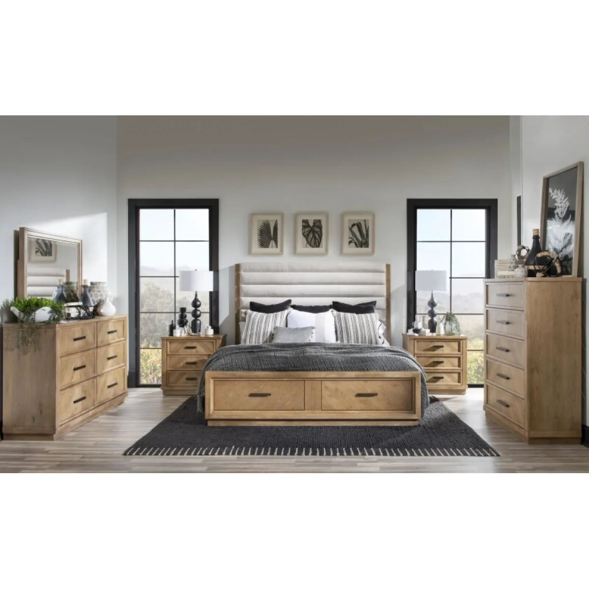 Complete Queen Channeled Uphostered Storage Bed 5/0 Beds Aged Driftwood 8