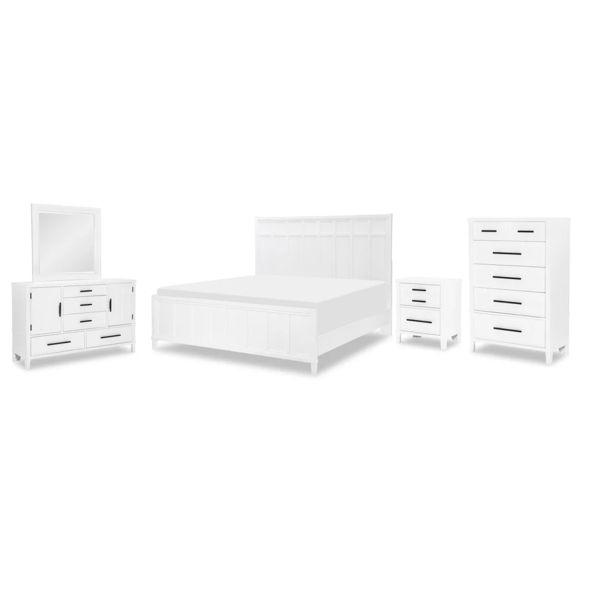 Complete Panel Bed, Queen 5/0, Mirror, Dresser, Nightstand Bedroom Sets Bedroom Sets 4
