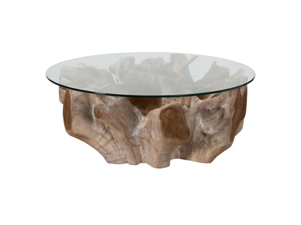 Hailey Teak Root/glass Round Coffee Table Cocktail & Coffee Tables Classic Home