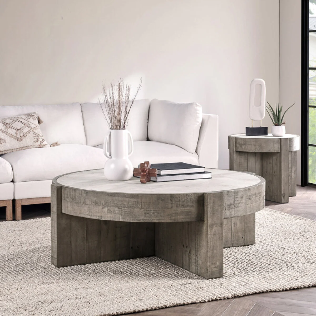 Sonoma Solid Wood Round Coffee Table Cocktail & Coffee Tables Antique White/Distressed Gray 11