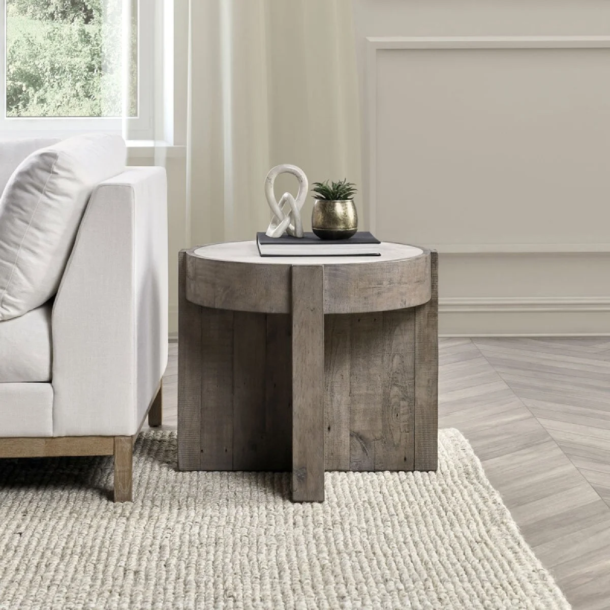 Sonoma Solid Wood Round End Table End tables Antique White/Distressed Gray 10