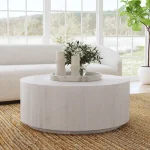 Layne Solid Wood Round Coffee Table With Casters – Milk White Cocktail & Coffee Tables Classic Home 15