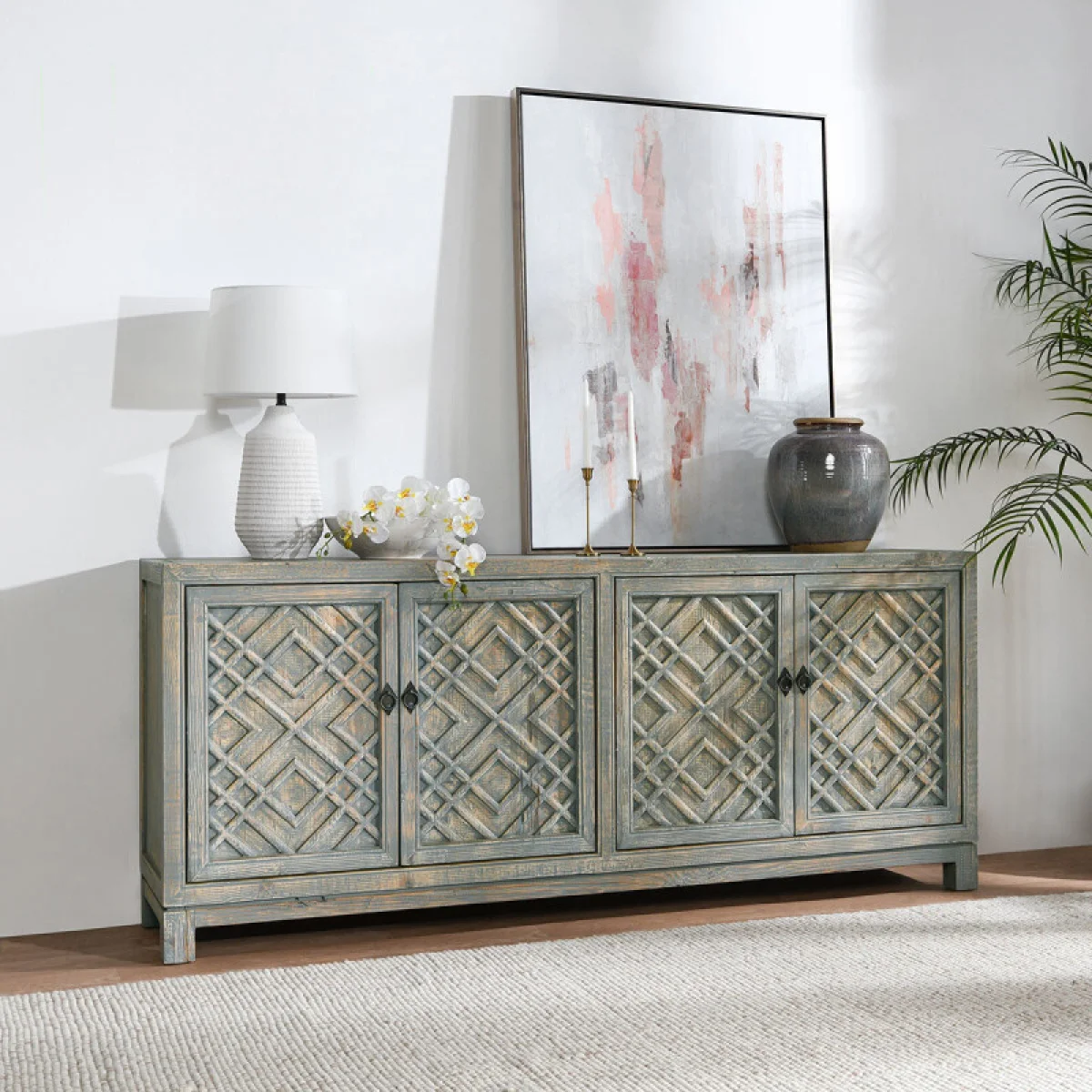 Antigua Solid Wood 4dr Cabinet Dining Storage Antique Blue 10