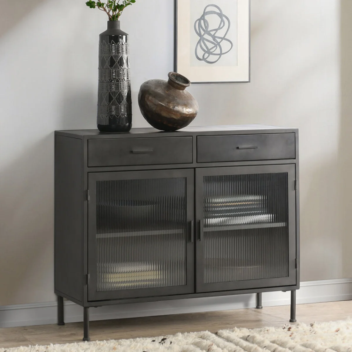 Nore Metal/glass 2dwr 2dr Cabinet Dining Storage black 12