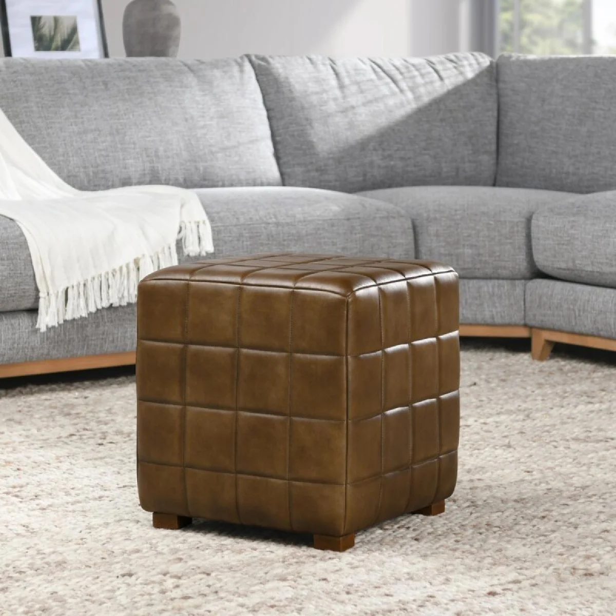 Carlo Leather Square Ottoman Ottomans & Poufs Antique Brown 11