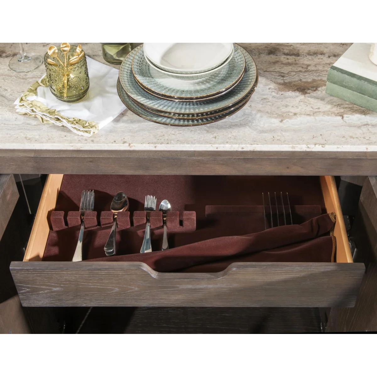 Credenza With Stone Top Dining Storage Brown 10