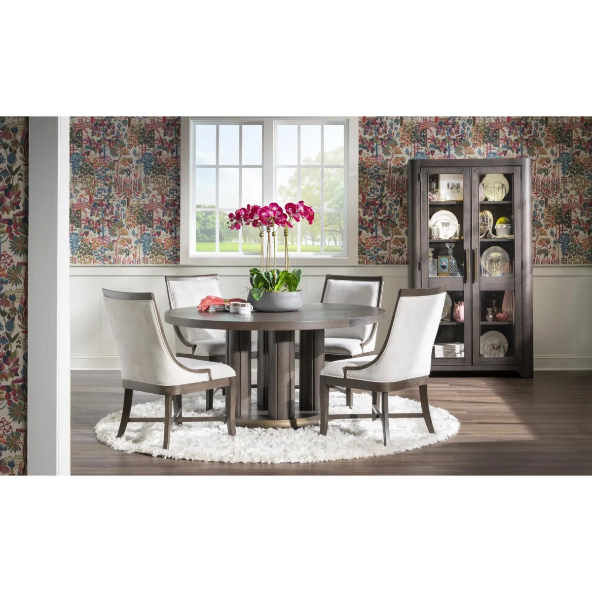 Complete Round Dining Table, 4x Uph Side Chair Dining Sets Brown 4