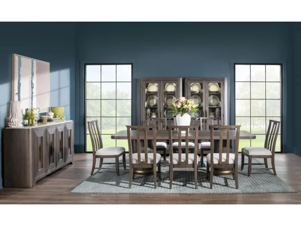 Complete Double Pedestal Dining Table, 4x Wood Side Chair Dining Sets Brown