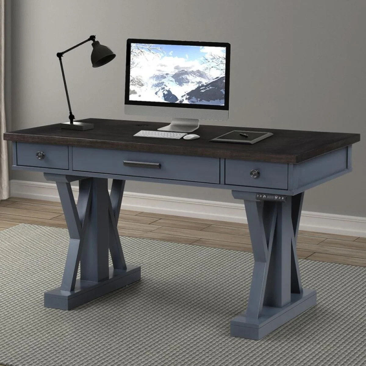 Americana Modern – Denim 56 In. Power Lift Desk (from 23 In. To 48.5 In.) (ame#256t And Lift#200blk) Desks blue 4