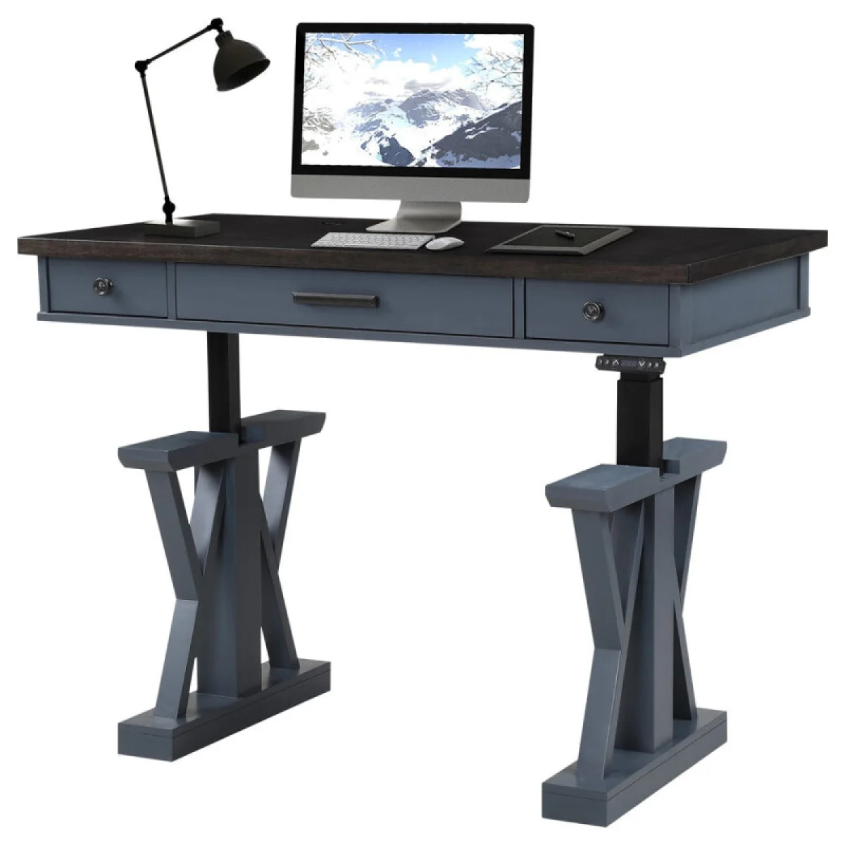Americana Modern – Denim 56 In. Power Lift Desk (from 23 In. To 48.5 In.) (ame#256t And Lift#200blk) Desks blue 8