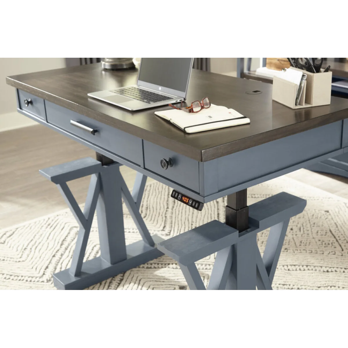 Americana Modern – Denim 56 In. Power Lift Desk (from 23 In. To 48.5 In.) (ame#256t And Lift#200blk) Desks blue 9