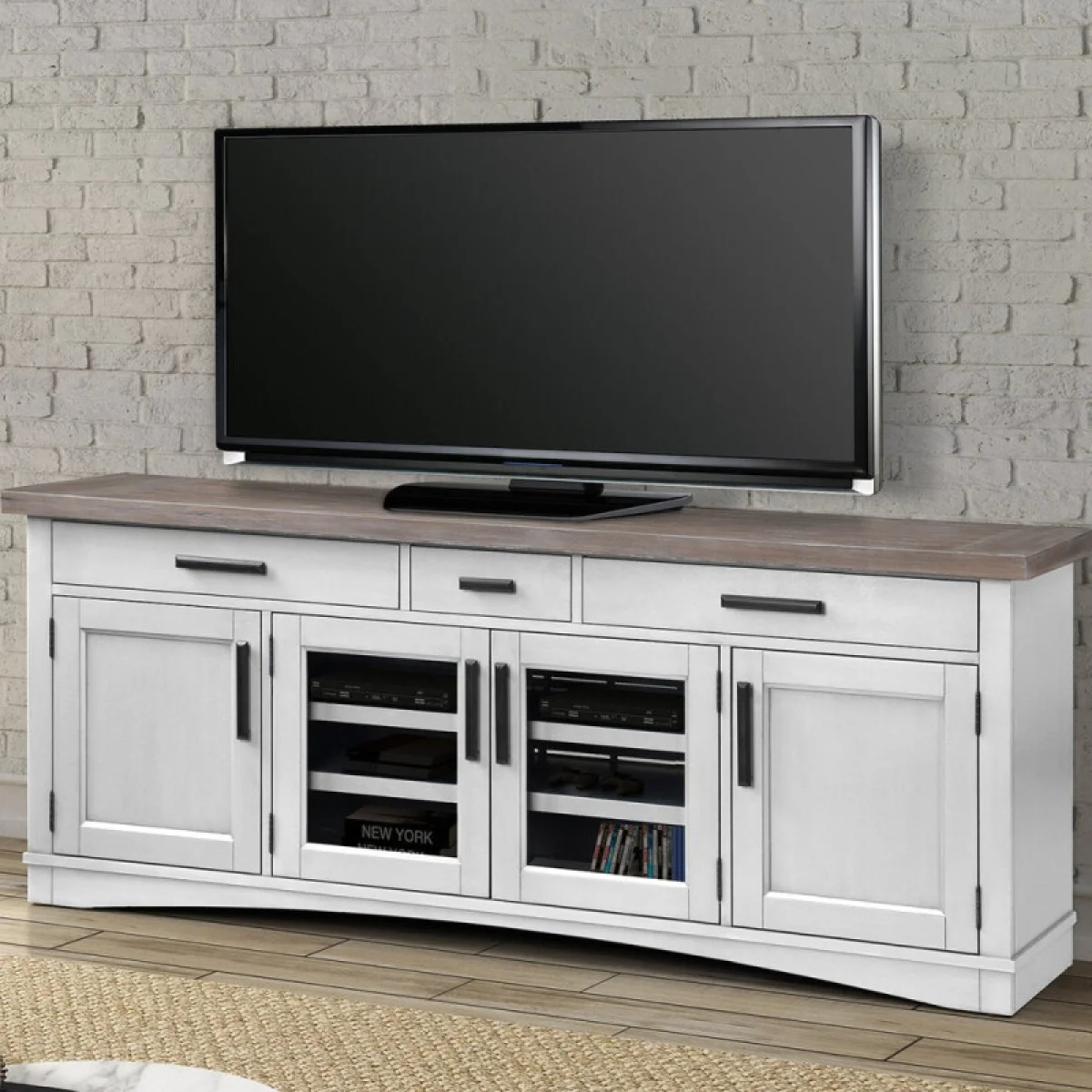 Americana Modern – Cotton 76 In. Tv Console Entertainment Stands Cotton W/ Weathered Natural Top 4