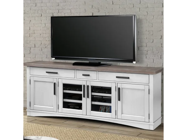 Americana Modern – Cotton 76 In. Tv Console Entertainment Stands Cotton W/ Weathered Natural Top