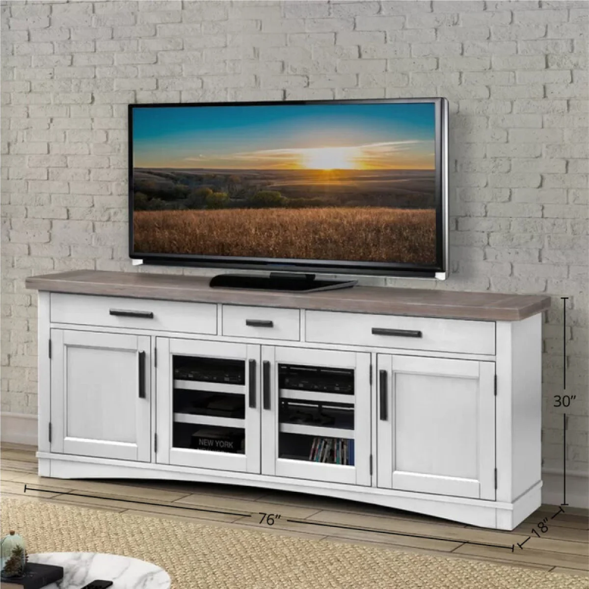 Americana Modern – Cotton 76 In. Tv Console Entertainment Stands Cotton W/ Weathered Natural Top 8