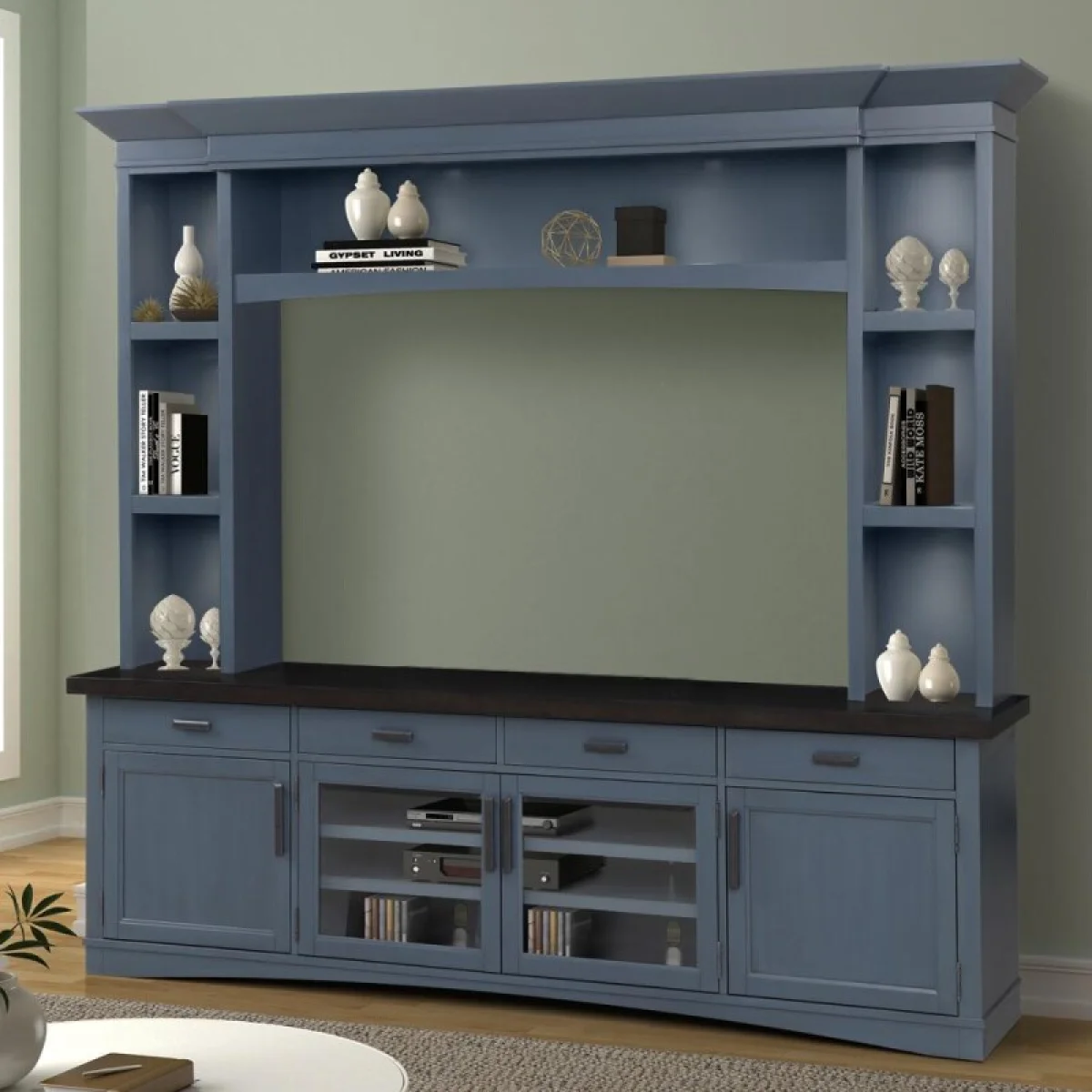Americana Modern – Denim 92 In. Tv Console With Hutch And Led Lights Entertainment Stands blue 6