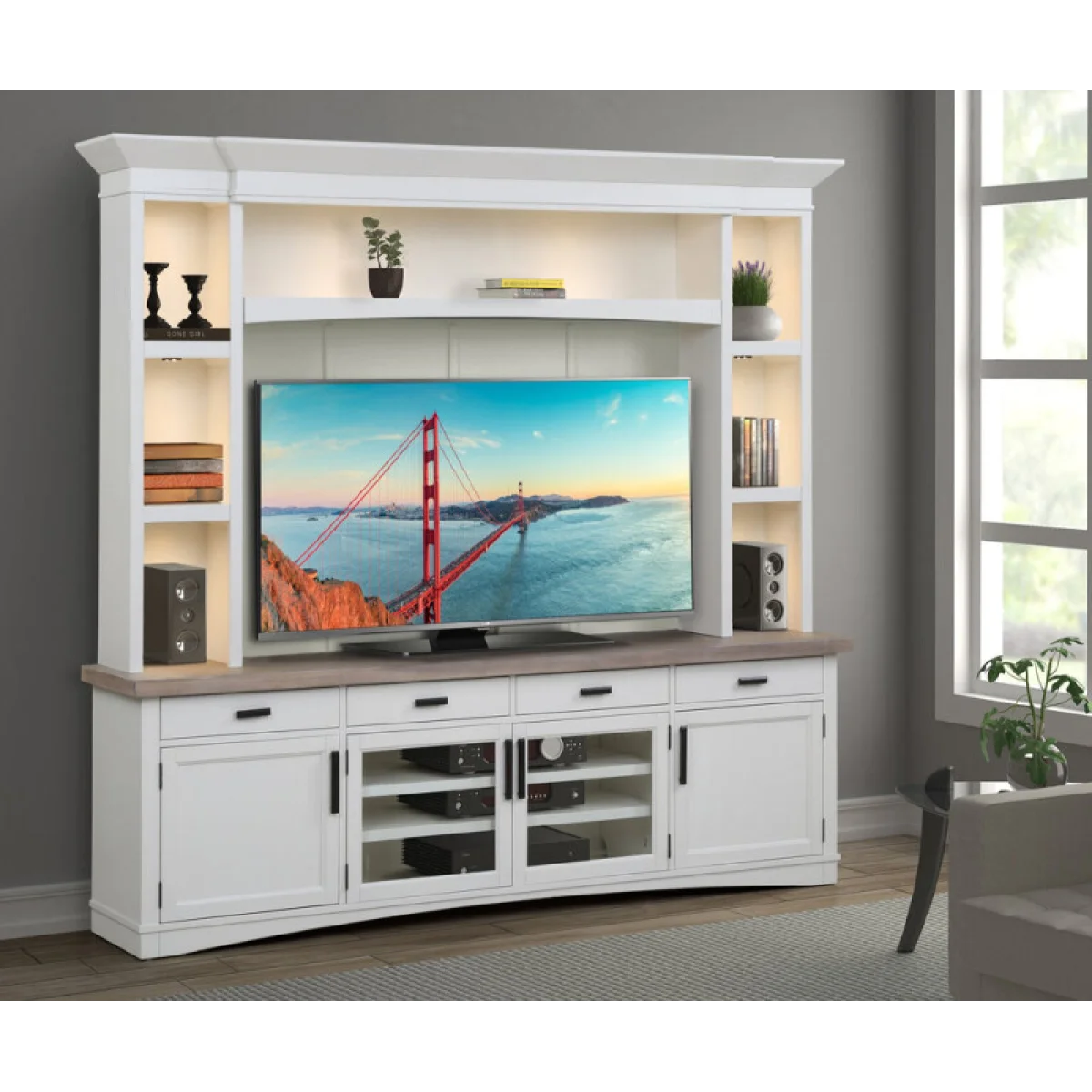 Americana Modern – Cotton 92 In. Tv Console With Hutch, Backpanel And Led Lights Entertainment Stands Cotton 6