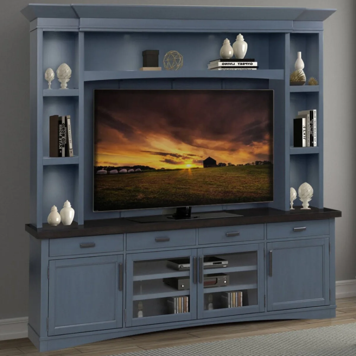 Americana Modern – Denim 92 In. Tv Console With Hutch, Backpanel And Led Lights Entertainment Stands blue 4