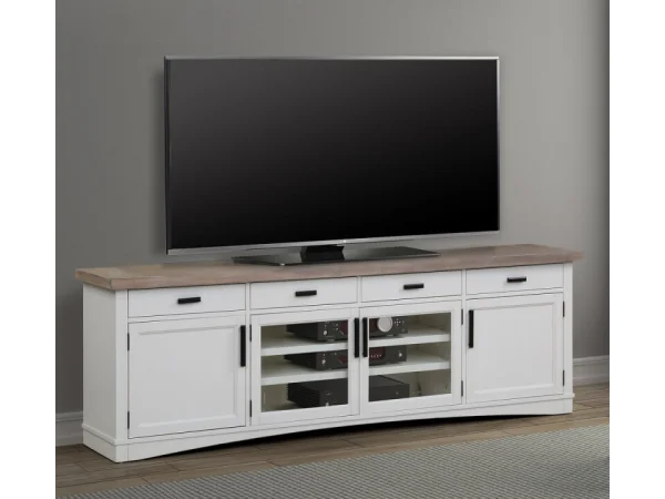 Americana Modern – Cotton 92 In. Tv Console Entertainment Stands Cotton W/ Weathered Natural Top