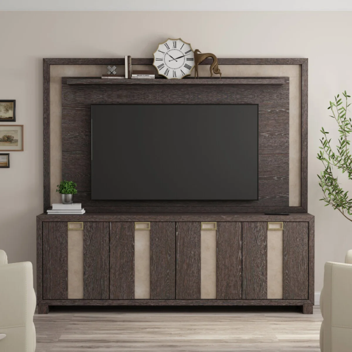 Ascent 90 In. Tv Console With Hutch And Back Panel Entertainment Stands Brown 4