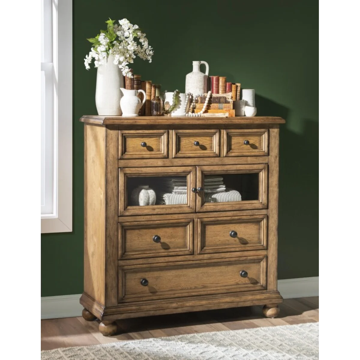 Glass Door 6 Drawer Chest Chests Barnwood Oak 7