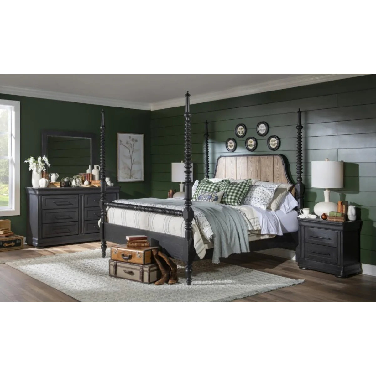 Complete Bobbin Post Bed 5/0 Queen Beds Barnwood Oak And Kettle Black 10