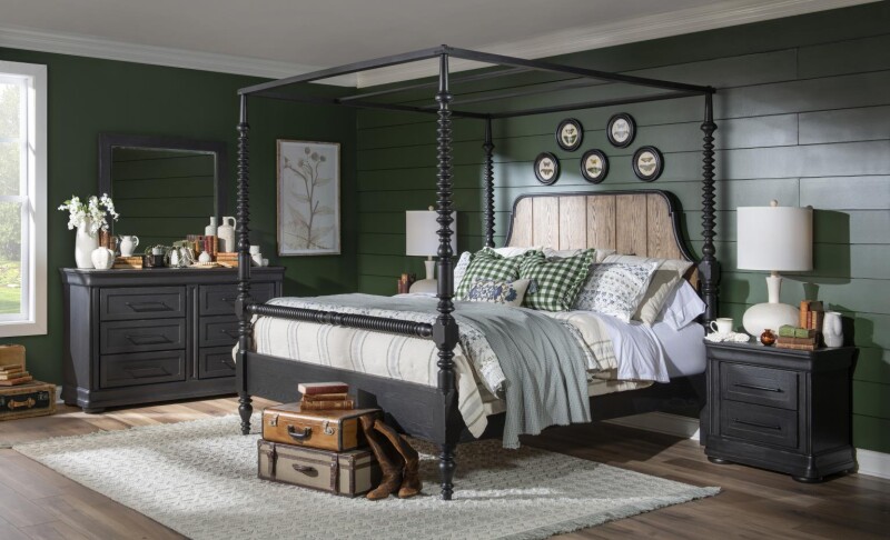 Complete Bobbin Post Canopy Bed 5/0 Queen Beds Barnwood Oak And Kettle Black 9 Complete Bobbin Post Canopy Bed 5/0 Queen Beds Barnwood Oak And Kettle Black 9