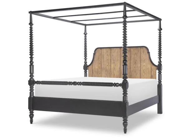Complete Bobbin Post Canopy Bed 6/6 King Beds Barnwood Oak And Kettle Black