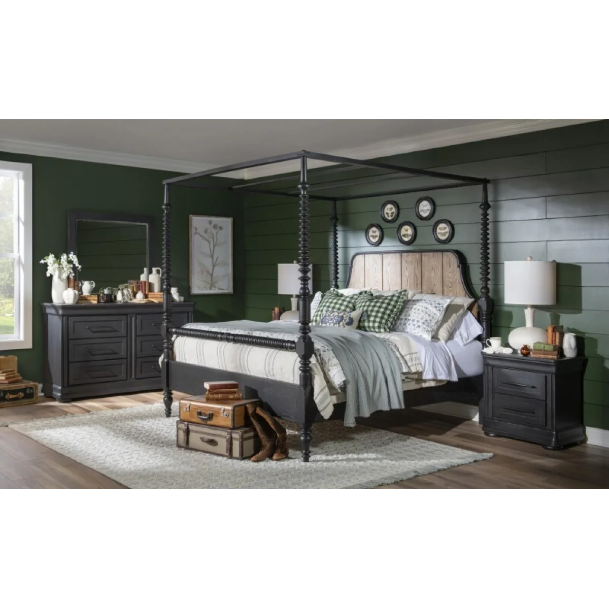 Complete Bobbin Post Canopy Bed 6/0 Ca King Beds Barnwood Oak And Kettle Black 9