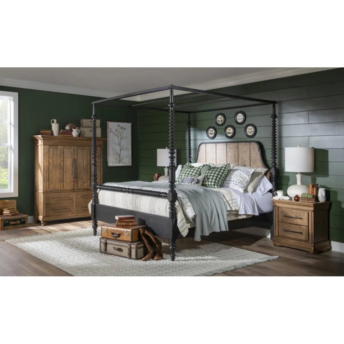 Complete Bobbin Post Canopy Bed 6/0 Ca King Beds Barnwood Oak And Kettle Black 10