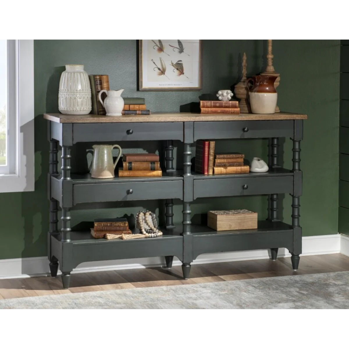 Turned Leg Console Storage Table 4 Drw Console Tables Barnwood Oak And Mallard Green 8