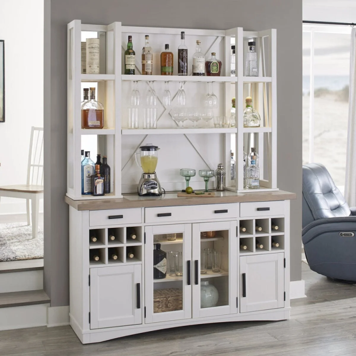Americana Modern Dining 2pc 66 In. Buffet / Bar Open Hutch With Quartz Insert Dining Storage Cotton 4