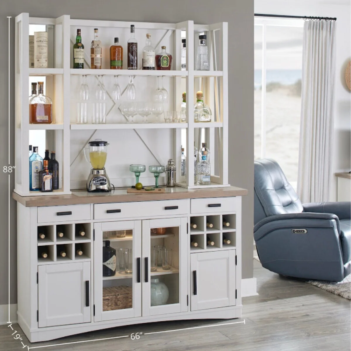 Americana Modern Dining 2pc 66 In. Buffet / Bar Open Hutch With Quartz Insert Dining Storage Cotton 6
