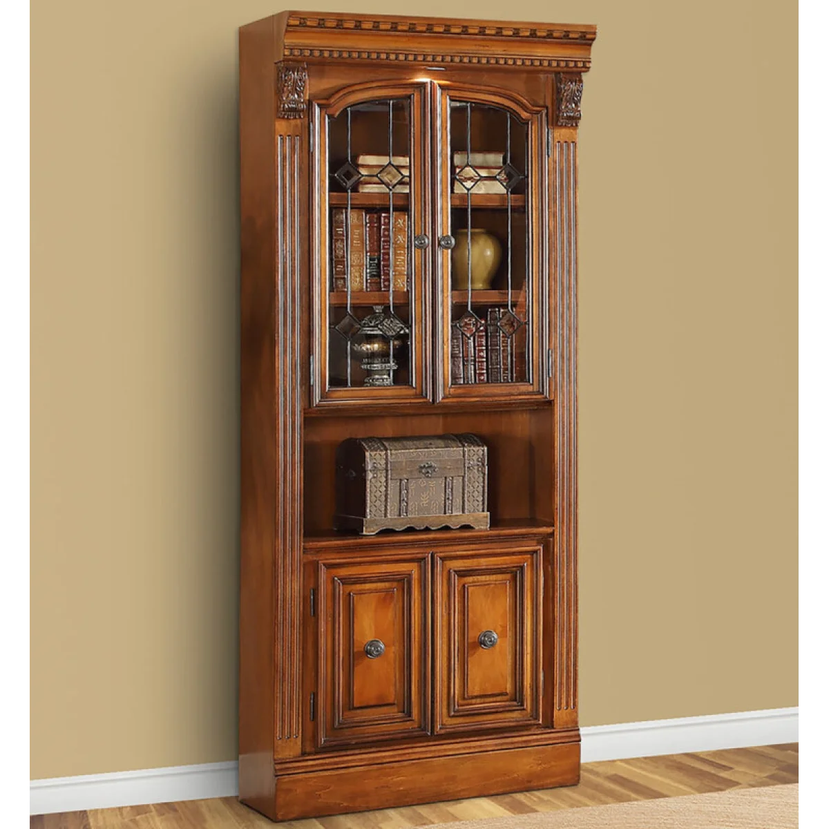 Huntington 32 In. Glass Door Cabinet Bookcases Antique Vintage Pecan 4