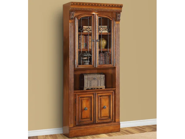 Huntington 32 In. Glass Door Cabinet Bookcases Antique Vintage Pecan