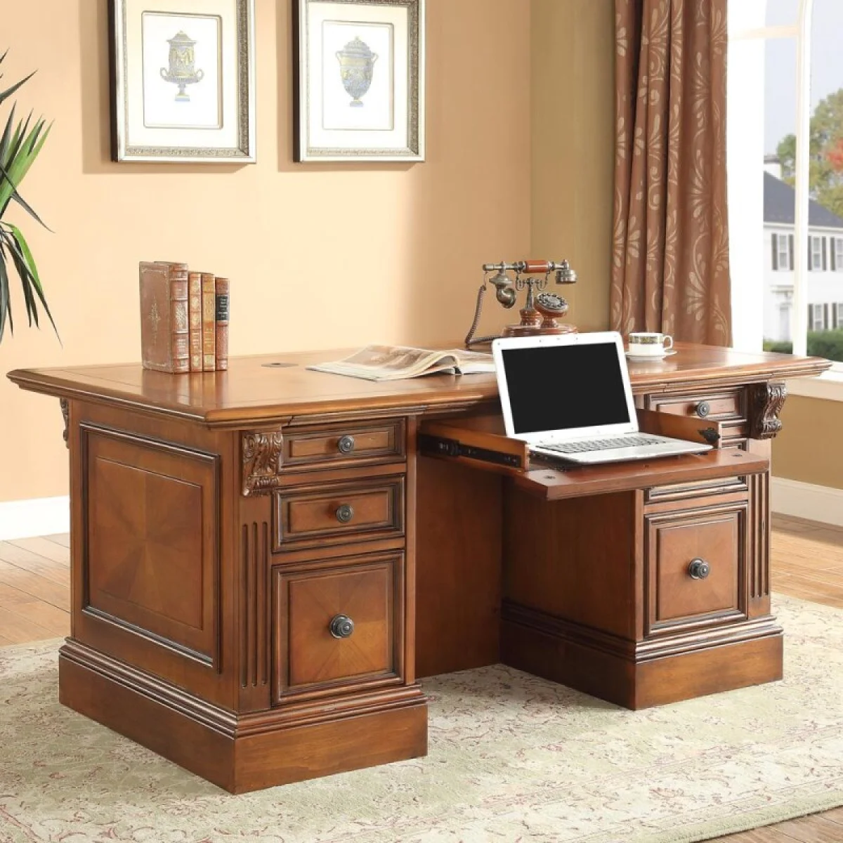 Huntington Double Pedestal Executive Desk Desks Antique Vintage Pecan 4
