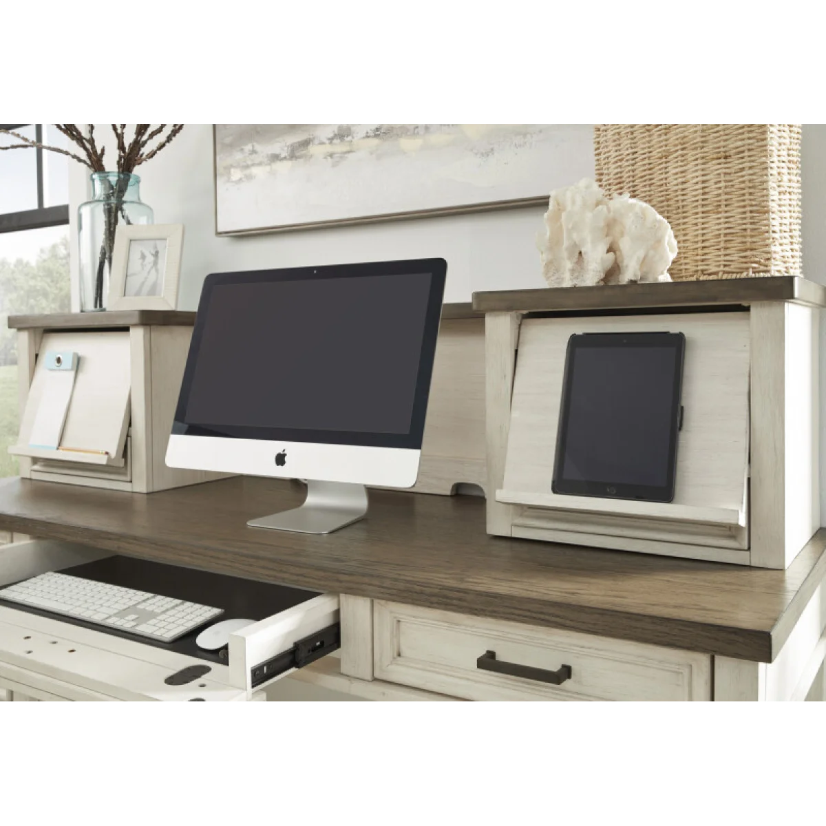 Caraway Single Ped Desk Hutch Desks Aged Ivory 15