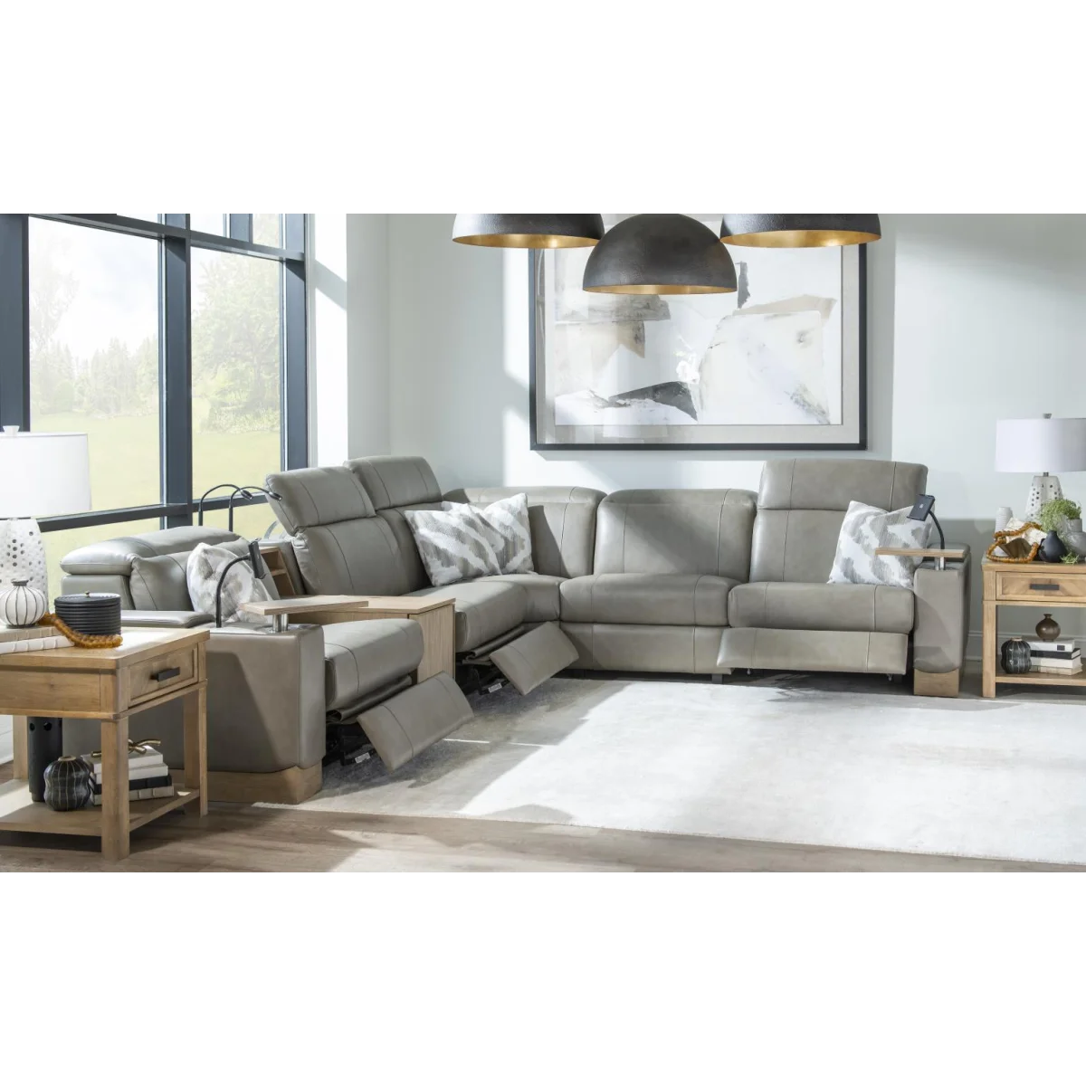 Laf P2 Swivel Tray Arm, Wood Base, Storage Arm, Power Grommet, And One 20″ Pillow Sectionals Gray 7