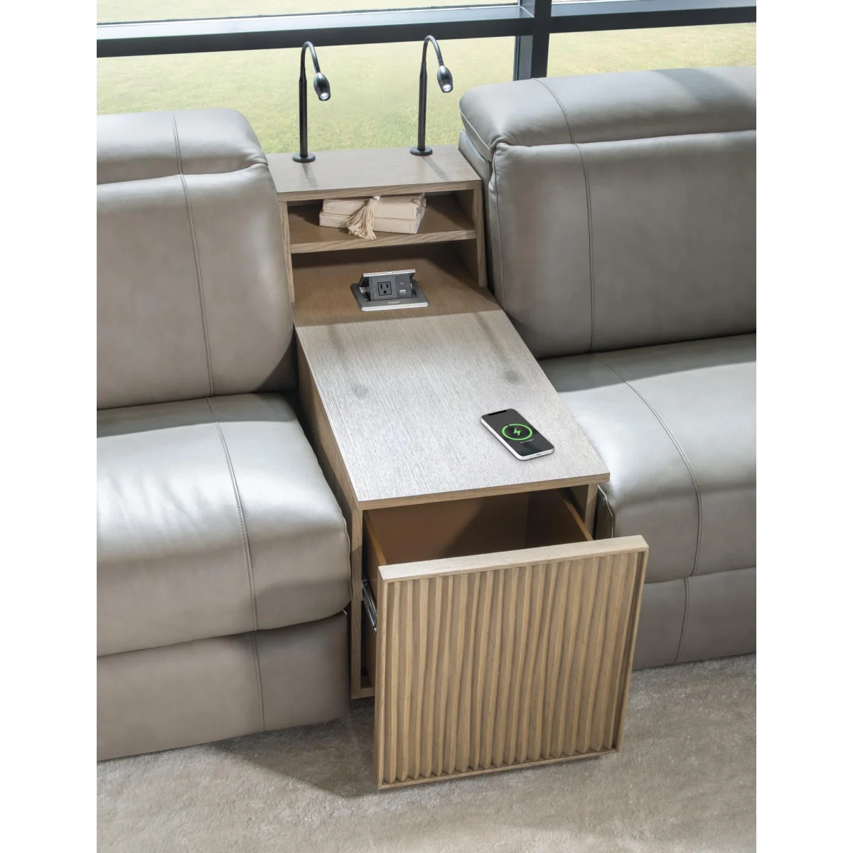 Fluted Wood Console Bookcase With Music System, (back Of Console Is Unfinished Due To Speaker) Console Tables Console Sofas 8
