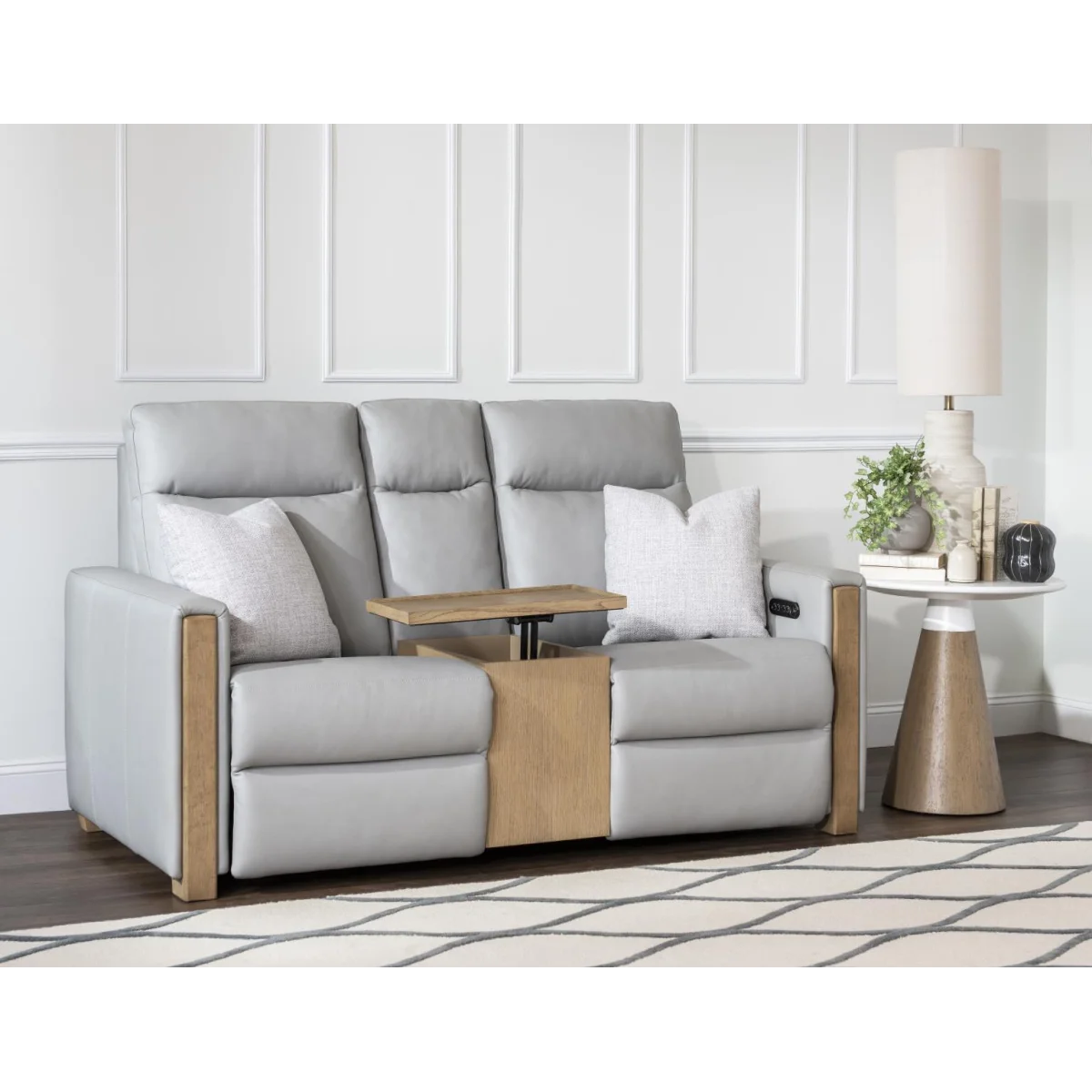 P2 Loveseat With Dd Armrest, Cupholder, 110 Power, Wood Swivel Table, And 2 Pillows Loveseats Gray 4