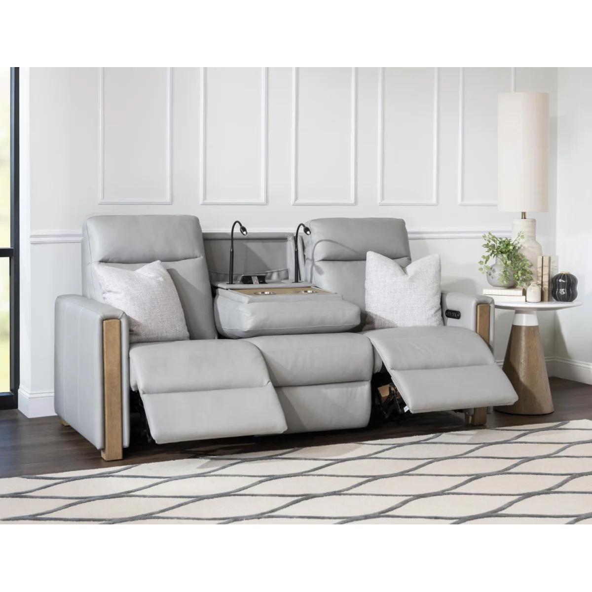 P2 Sofa With Wood Top Ddt, Cupholders, Wireless Charging, 2 Reading Lights, 110 Power Usbc, And 2 Pillows Sofas Gray 4