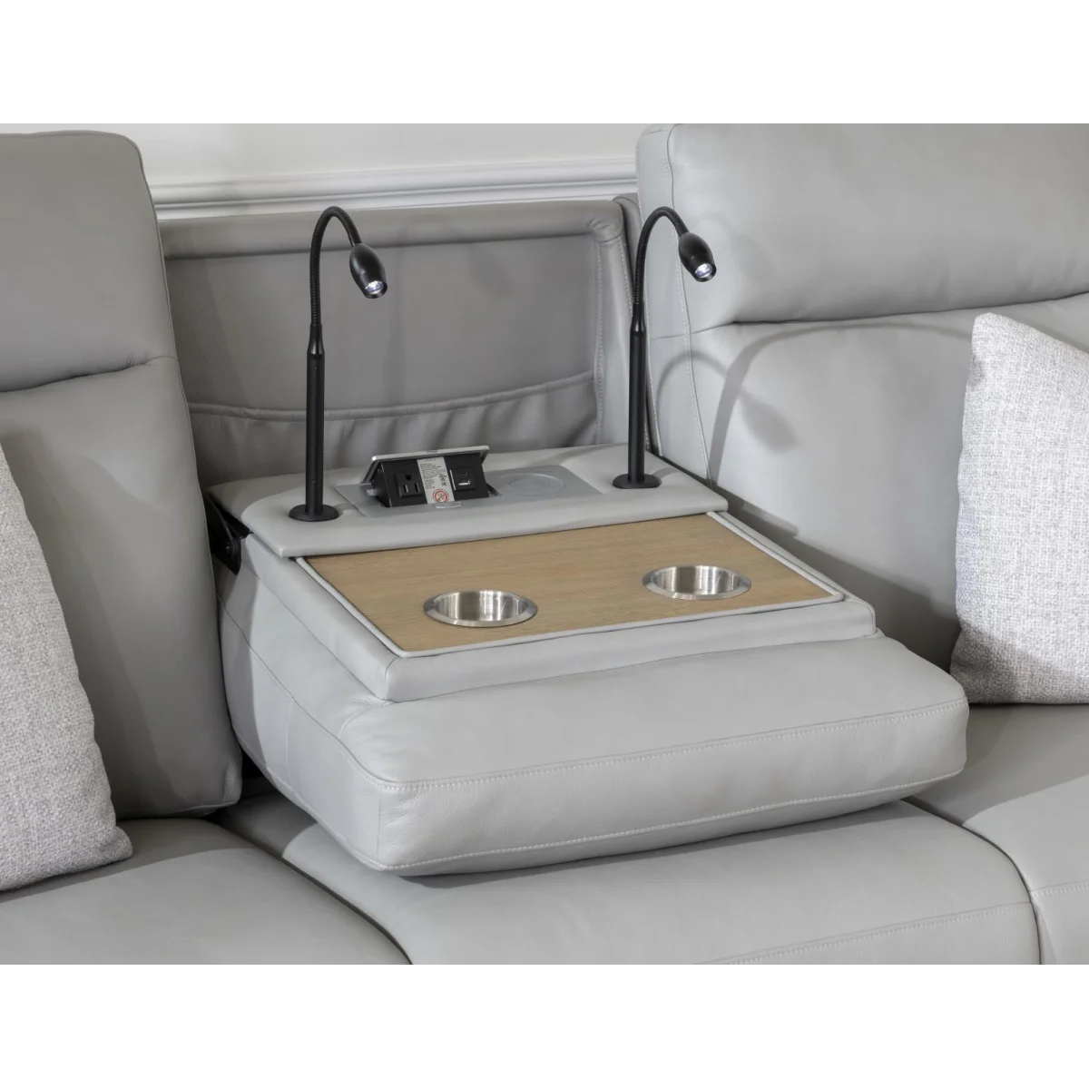 P2 Sofa With Wood Top Ddt, Cupholders, Wireless Charging, 2 Reading Lights, 110 Power Usbc, And 2 Pillows Sofas Gray 6